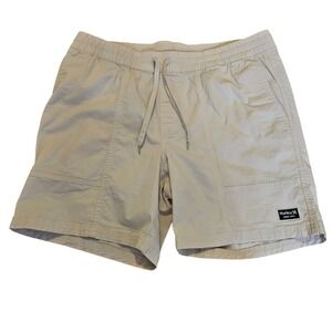 Hurley Mens Elastic Waist Drawstring Walk Shorts Khaki Stone Large L 7in Inseam